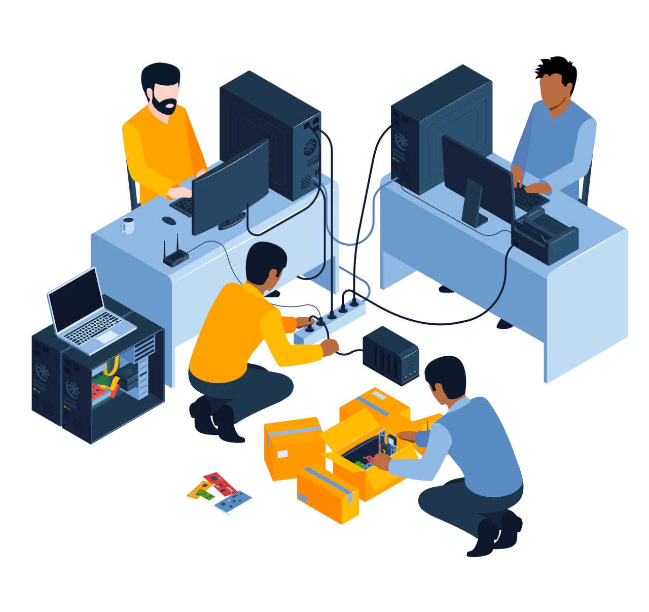 Illustration d'un ensemble d'employés dépannant l'informatique d'une entreprise.