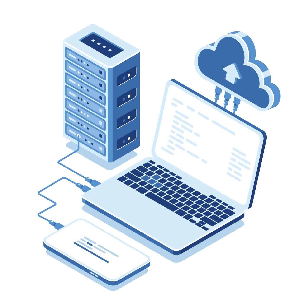 Représentation stylisée des services informatiques et des solutions d'hébergements webs à travers une illustration d'un ordinateur.